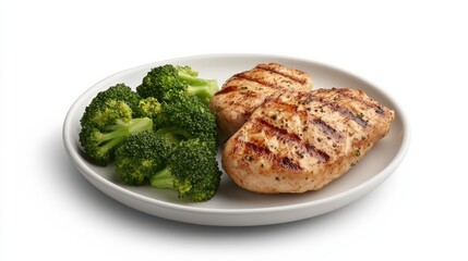 Grilled Chicken Breast with Steamed Broccoli on White Plate