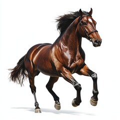 Obraz premium Stunning Bay Horse in Motion Dynamic Equestrian Stock Photo with White Background
