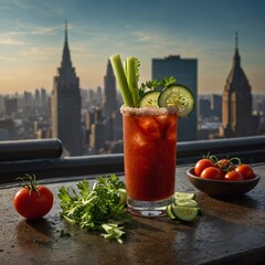 A Bloody Mary with a cucumber ribbon garnish, surrounded by fresh ingredients like tomatoes and parsley, with an elegant rooftop view.