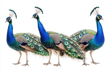 Obraz premium Three Majestic Indian Peafowl (Pavo cristatus) in Profile, Isolated on White Background Stunning Wildlife Photography