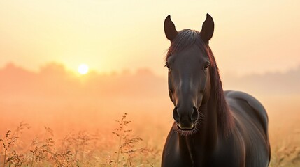 Obraz premium Majestic dark horse silhouetted against a sunrise in a misty field.