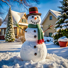 A cheerful snowman standing in a snowy yard, decorated with a carrot nose,