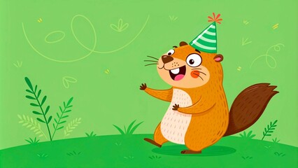 Cute groundhog wear party hat on green background.