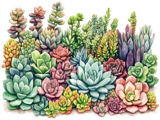 Obraz premium Vibrant Watercolor Painting of a Diverse Collection of Succulents - Echeveria, Sedum, and More
