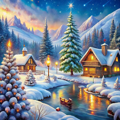 A magical winter wonderland featuring snow-covered trees, sparkling frost, gently falling