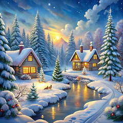 A magical winter wonderland featuring snow-covered trees, sparkling frost, gently falling