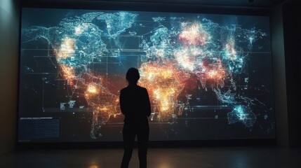 Fototapeta premium Silhouette of Person Viewing a Colorful World Map Projection
