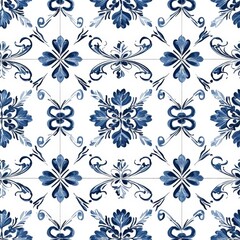 Obraz premium Elegant Blue and White Floral Tile Pattern Seamless Texture