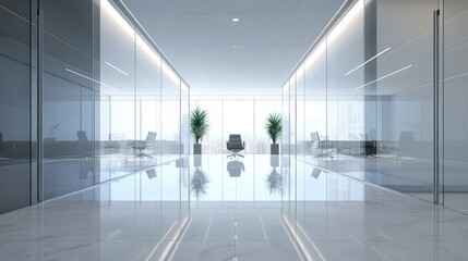 Modern Office Corridor With Glass Walls And Marble Floor