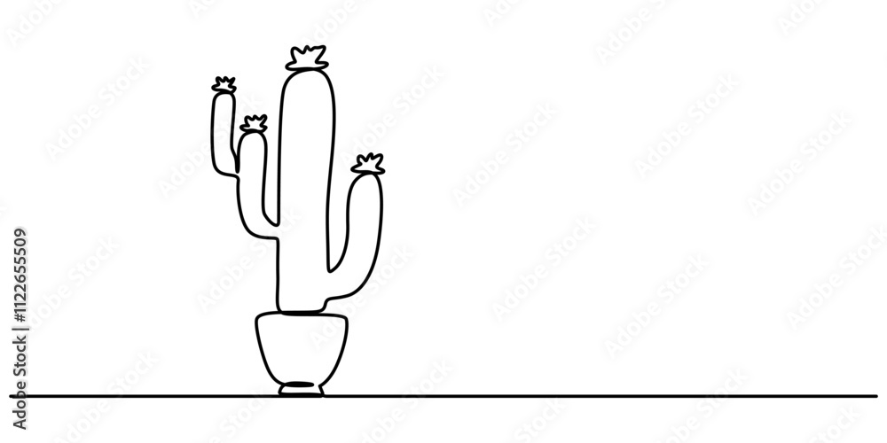 Aufkleber Cactus on the top continuous one line drawing Black and White Sketch House Plants Isolated on White Background, Vector continuous one simple single abstract silk line drawing of cactus isolated on, 
