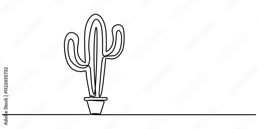 Aufkleber Cactus on the top continuous one line drawing Black and White Sketch House Plants Isolated on White Background, Vector continuous one simple single abstract silk line drawing of cactus isolated on.