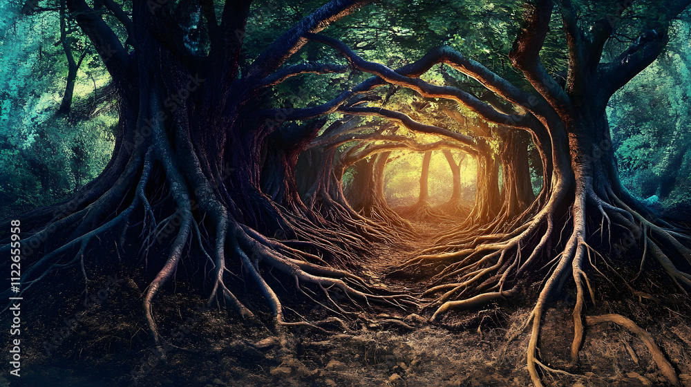 Wall mural dream where vast network of roots underground, connecting trees of different kinds, representing the