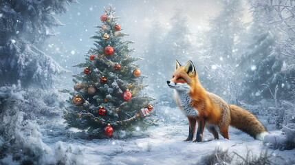 Fototapeta premium Fox is standing in front of a Christmas tree