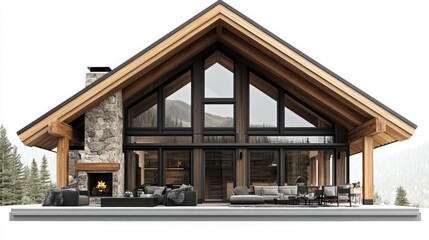 Fototapeta premium Stunning Modern A-Frame Cabin with Stone Fireplace and Mountain Views Architectural Design and Exterior Photography