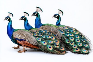 Obraz premium Three Majestic Indian Peafowl (Pavo cristatus) Displaying Vibrant Plumage Against a Pure White Background.