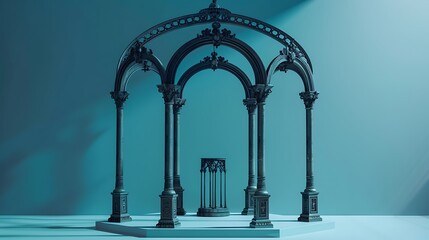 Fototapeta premium Podium structure made of forged iron with an aqua backdrop