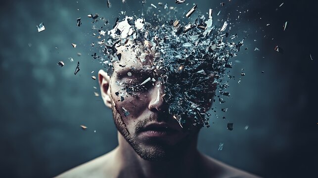 Shattered mind, man's head exploding into glass shards, dark background.