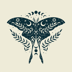 Vector illustration with blue moon moth. For print for T-shirts and bags, decor element. Mystical and magical, astrology illustration