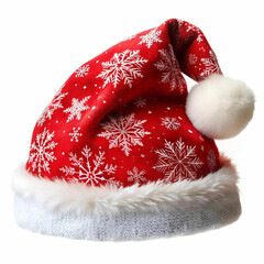 A classic Santa Claus hat with a bright red body, a fluffy white trim