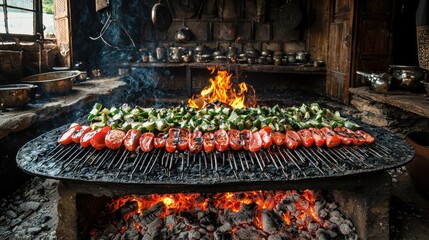A vibrant barbecue scene featuring skewered meats and vegetables grilling over an open flame, creating a rustic and inviting atmosphere.