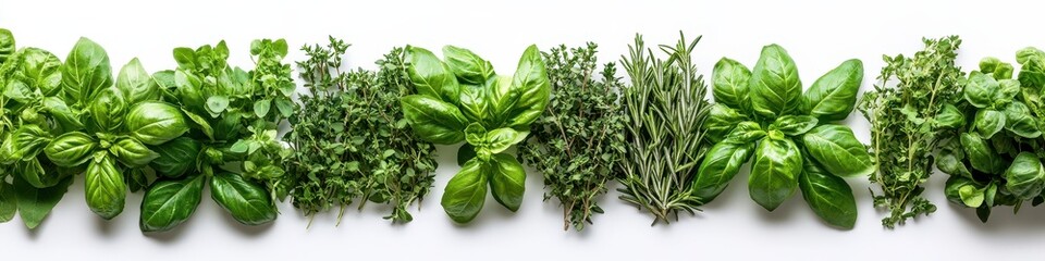 Obraz premium Fresh Culinary Herbs Border Basil, Thyme, Rosemary, Oregano - Vibrant Green Ingredient Flat Lay