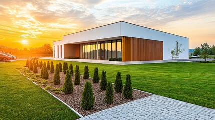 Obraz premium Senior care facility exterior with well-maintained garden and welcoming entrance. Emphasizing comfort and dignity in elderly living environments.
