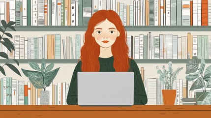 Young woman with long red hair using laptop in library.