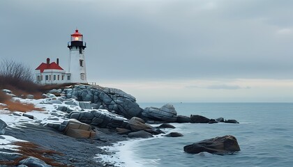 Lighthouse illuminating rocky coastline coastal maine landscape photography serene ocean environment wide-angle viewpoint tranquil seascape concept