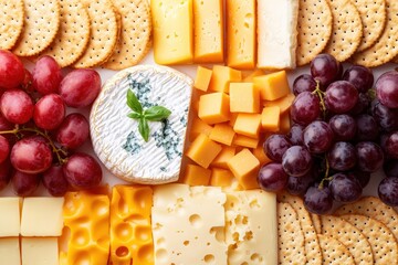 Gourmet Cheese Board with Red Grapes and Crackers A Close-Up, High-Resolution Stock Photo