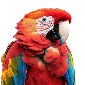 Stunning Close-Up of a Scarlet Macaw (Ara macao) with Vibrant Red, Blue, and Yellow Feathers Against a White Background