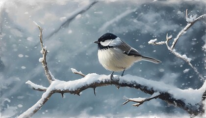 Naklejka premium Chirping bird on snowy branch winter wonderland nature photography serene environment close-up viewpoint wildlife concept for seo impact