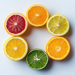 Obraz premium Vibrant Citrus Fruit Slices Arranged in a Circle on White Background - Healthy Eating, Vitamin C, Summer Refreshment Concept