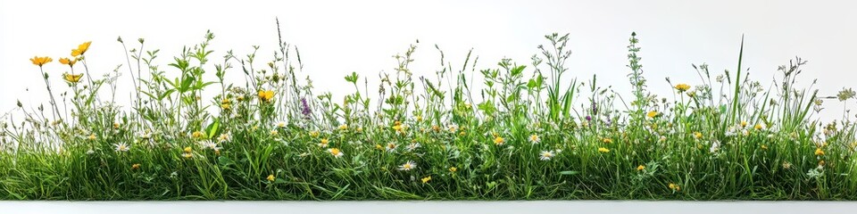 Lush Green Meadow Panorama Wildflowers, Grasses, and Daisies on White Background - Perfect for Spring and Summer Designs