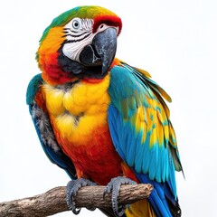 Fototapeta premium Vibrant Scarlet Macaw Perched on Branch, Isolated on White Background - Detailed Close-up of Exotic Bird Feathers