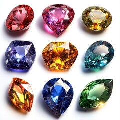 Fototapeta premium Nine Vibrant Gemstones A Collection of Sparkling Red, Pink, Yellow, Orange, Blue, and Green Precious Stones on White Background