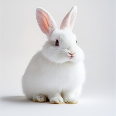 Fototapeta premium Adorable White Rabbit Sitting on White Background - Pure, Fluffy, Easter Bunny, Pet, Animal Stock Photo