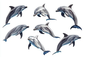 Obraz premium Six Stunning Atlantic Spotted Dolphins Leaping and Playing Against a White Background - High-Resolution Stock Photo