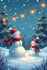 Fototapeta premium Charming Snowman Family with Red Accessories in Snowy Evening Scene