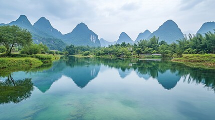 Serene lake reflecting karst mountains under a misty sky.