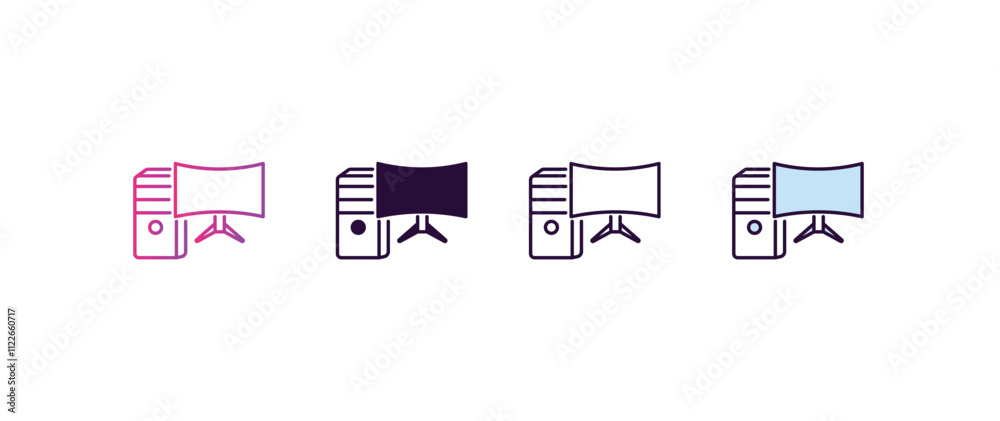 Poster pc with monitor gradient, line, filled, colored icon. editable vector from computer concept. four di