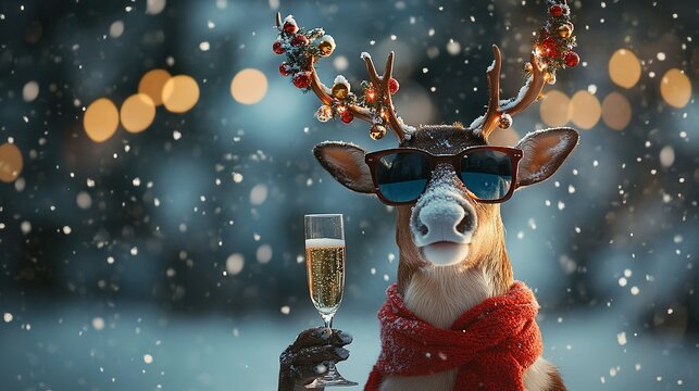 Festive Reindeer Celebrates Winter Holidays with Champagne