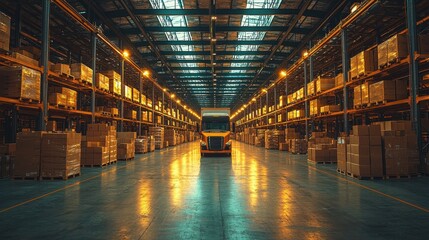 Fototapeta premium Brightly Lit Warehouse Interior with Truck Surrounded by Stacked Boxes and Shelving