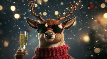 Festive Reindeer Celebrates Winter Holidays With Champagne