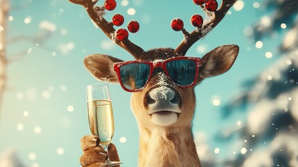 Festive Reindeer Celebrates Christmas With Champagne