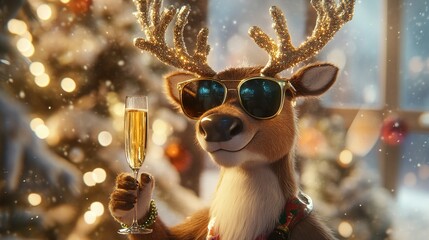 Festive Reindeer Celebrates Christmas With Champagne
