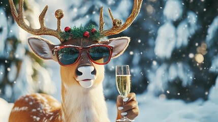 Festive Reindeer Enjoys Champagne In Snowy Woods