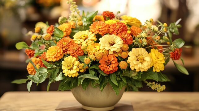 A mix of yellow and orange zinnias, symbolizing lasting friendship and positivity for cheerful gatherings