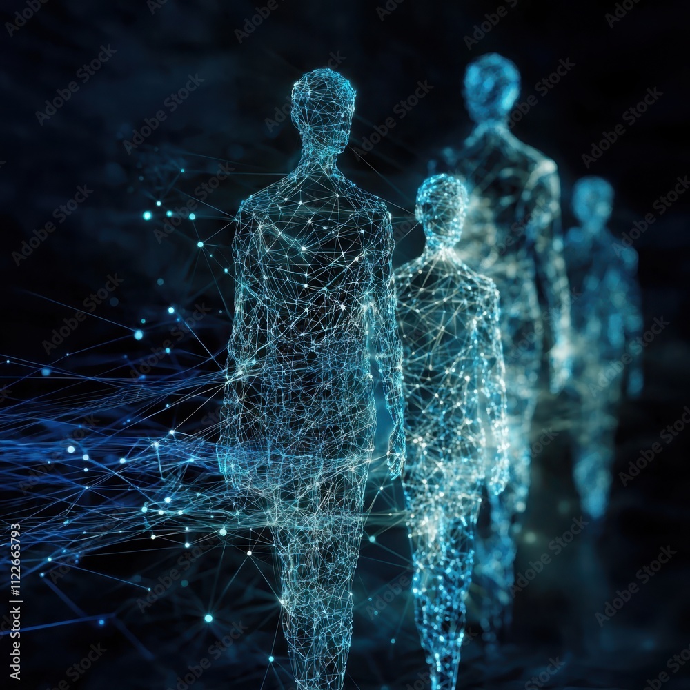 Poster exploring human connection through digital networksabstract figures representing interaction in a vi