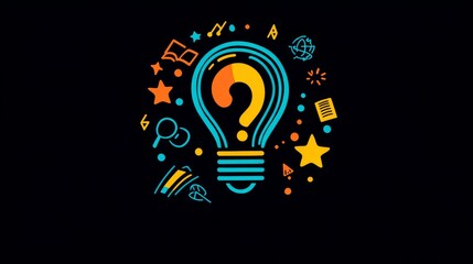 Design a fun and playful logo. The central element is a light bulb with the filament inside shaped like a question mark. 