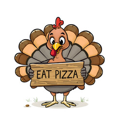 On grass, a bird holds a sign that says, EAT PIZZA.1